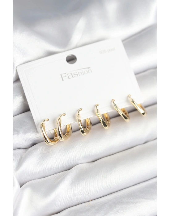 Gold Renk Pirinç Kare Halka Model 925 Ayar Gümüş Çivili Kadın Küpe Seti