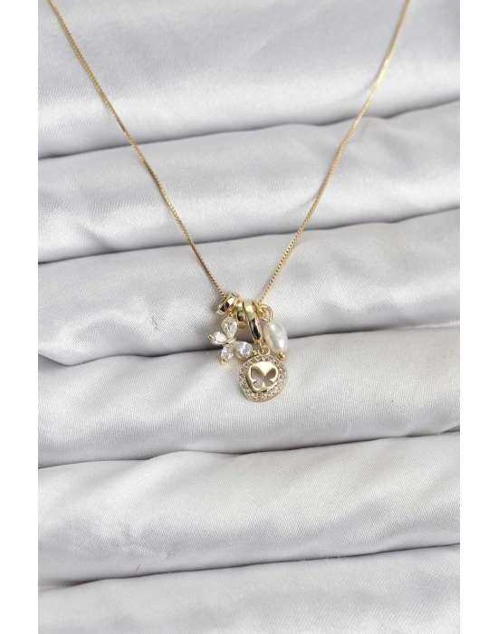 Gold Renk Pirinç Minimal Kelebek Charmlı Kadın Kolye