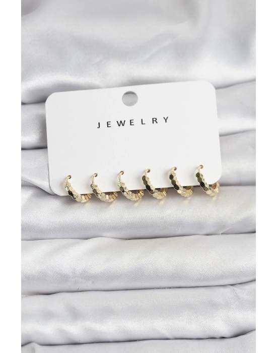 Gold Renk Pirinç Minimal Petek Detaylı Kadın Küpe Seti