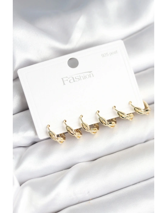 Gold Renk Pirinç Sarmal Model 925 Ayar Gümüş Çivili Kadın Küpe Seti