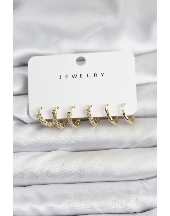 Gold Renk Pirinç Zirkon Taşlı Kadın Küpe Seti