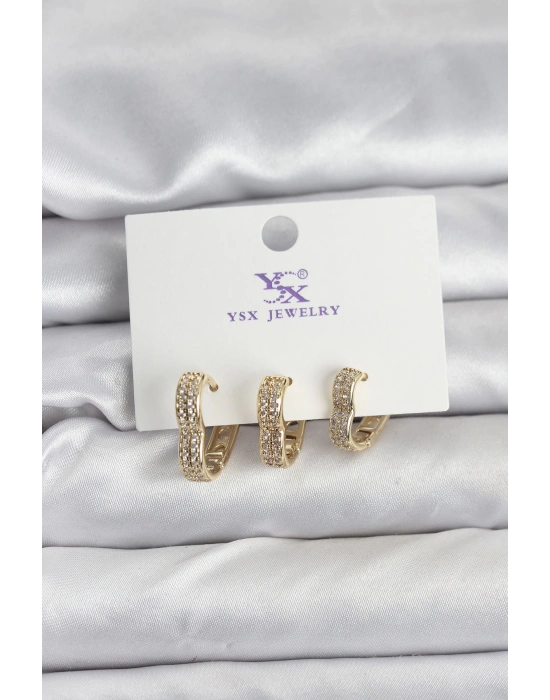 Gold Renk Pirinç Zirkon Taşlı Kalpli Kadın Küpe