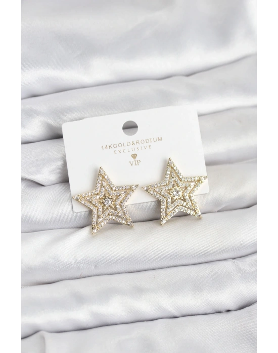 Gold Renk Pirinç Zirkon Taşlı Yıldız Model Kadın Küpe