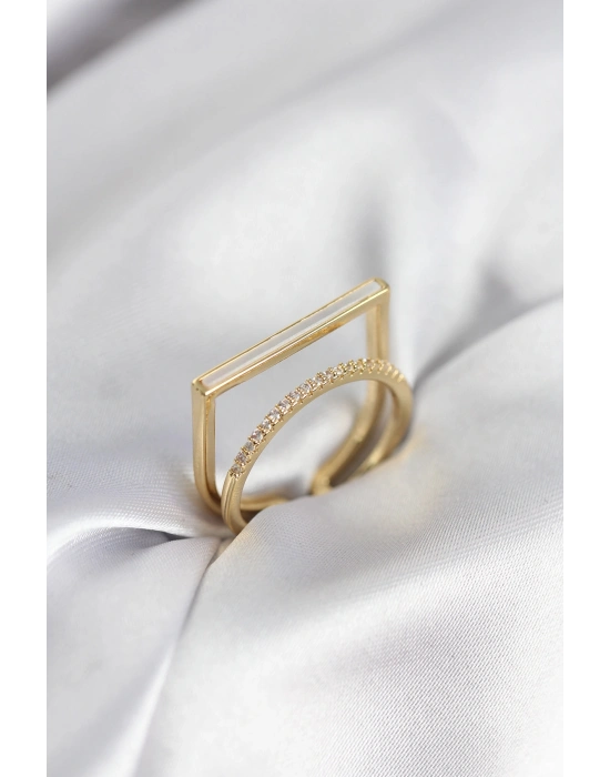 Gold Renk Sedefli Zirkon Taşlı 2li Kadın Yüzük