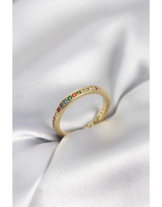 Gold Renk Sıralı Renkli Zirkon Taşlı Kadın Yüzük