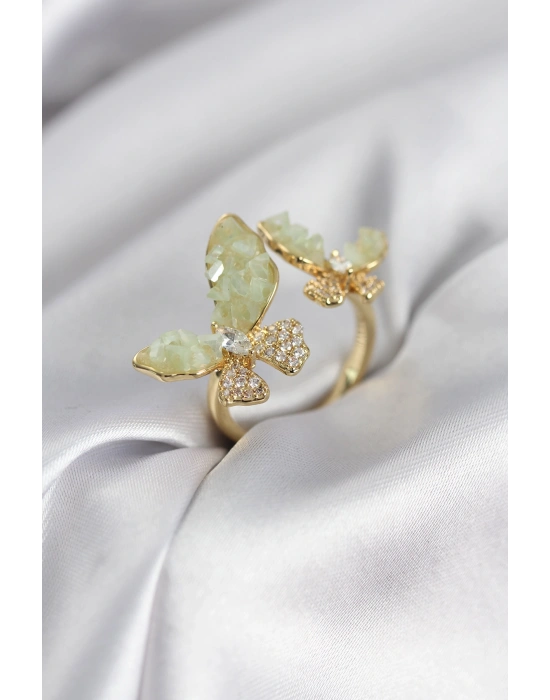 Gold Renk Su Yeşili Kelebek Model Zirkon Taşlı Kadın Yüzük