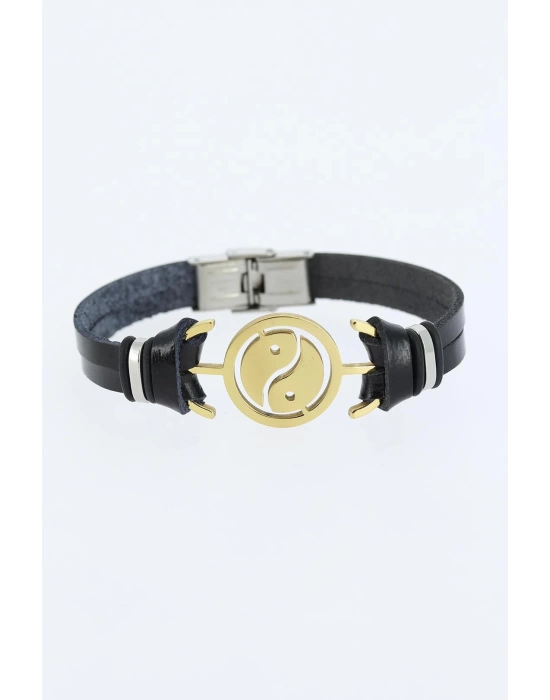 Gold Renk Yin Yang Figürlü Metal Aksesuarlı Siyah Renk Deri Erkek Bileklik