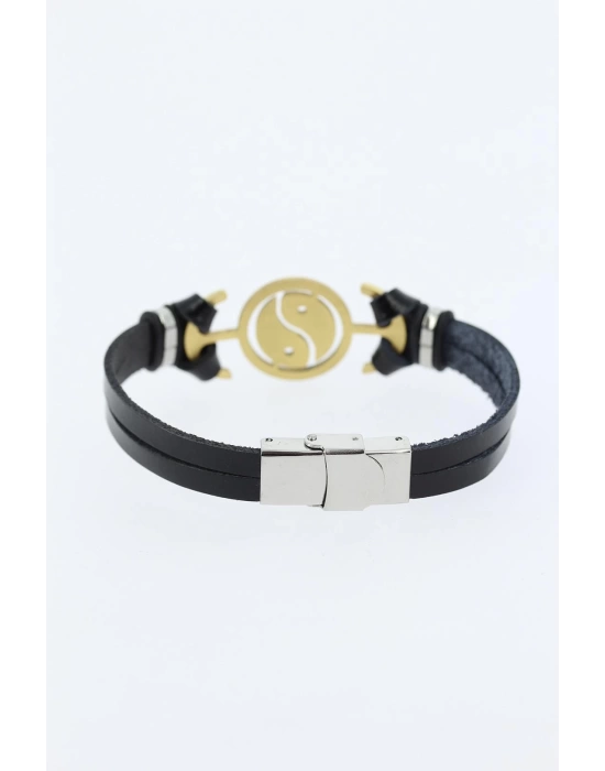 Gold Renk Yin Yang Figürlü Metal Aksesuarlı Siyah Renk Deri Erkek Bileklik