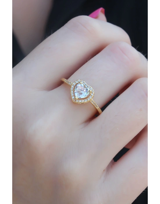 Gold Renk Zirkon Taşlı Kalp Model Charm Pirinç Kadın Yüzük