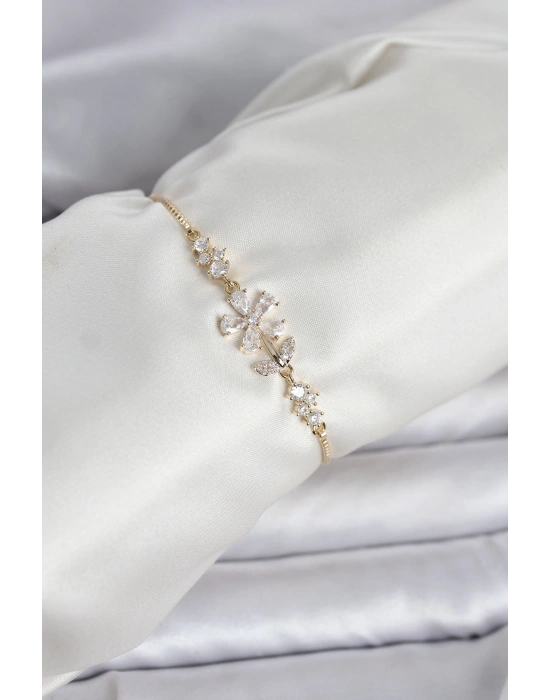 Gold Renk Zirkon Taşlı Papatya Model Asansörlü Kadın Bileklik