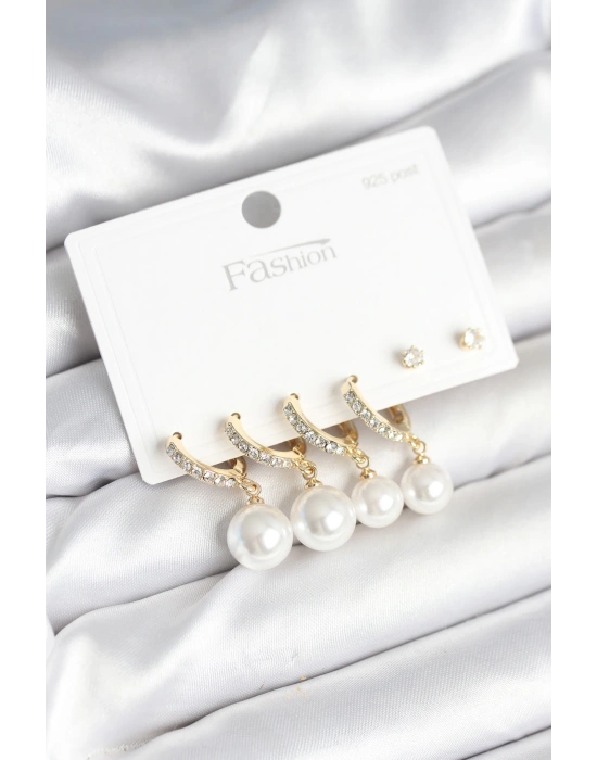 Gold Renk Zirkon Taşlı Pirinç İncili 925 Ayar Gümüş Çivili Küpe Seti