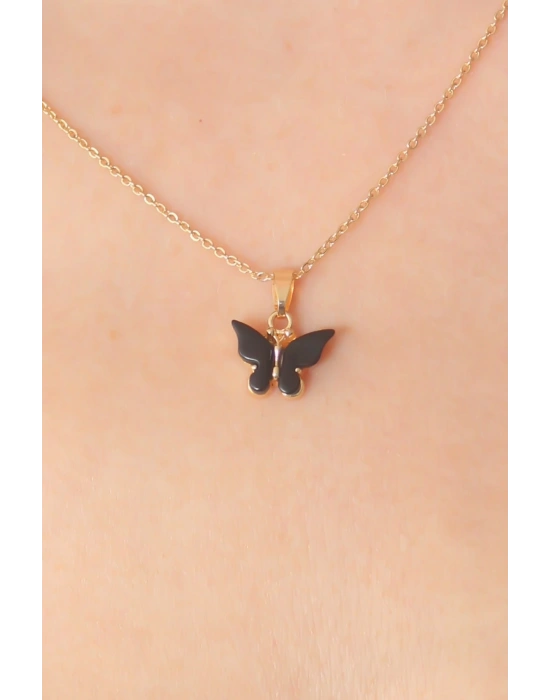 Gold Siyah Renk Kelebek Figür Kadın Kolye