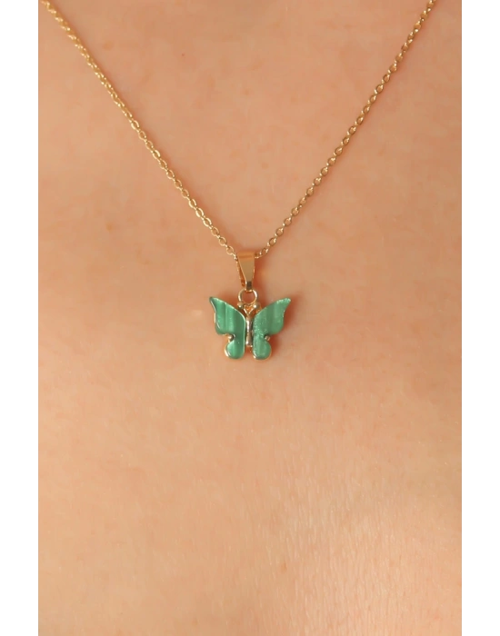 Gold Yeşil Renk Kelebek Figür Kadın Kolye