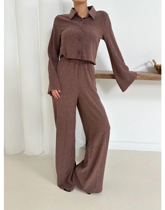 Gömlek yaka kaplama düğmeli takım kahve st265866