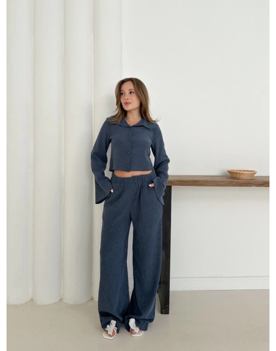 Gömlek yaka kaplama düğmeli takım lacivert st265866