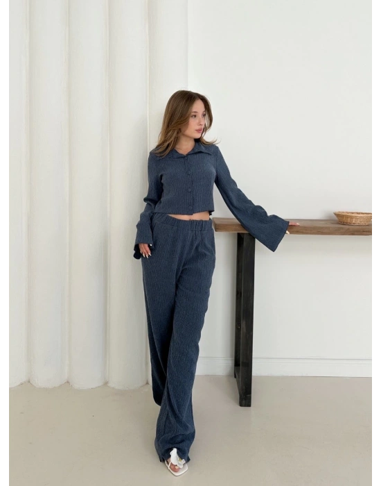 Gömlek yaka kaplama düğmeli takım lacivert st265866