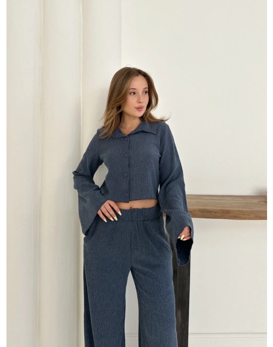 Gömlek yaka kaplama düğmeli takım lacivert st265866