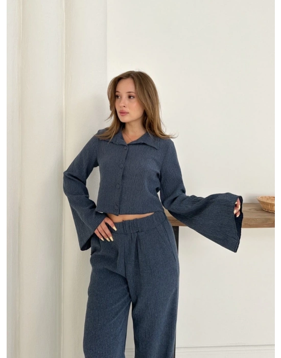 Gömlek yaka kaplama düğmeli takım lacivert st265866