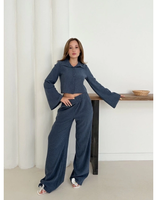 Gömlek yaka kaplama düğmeli takım lacivert st265866