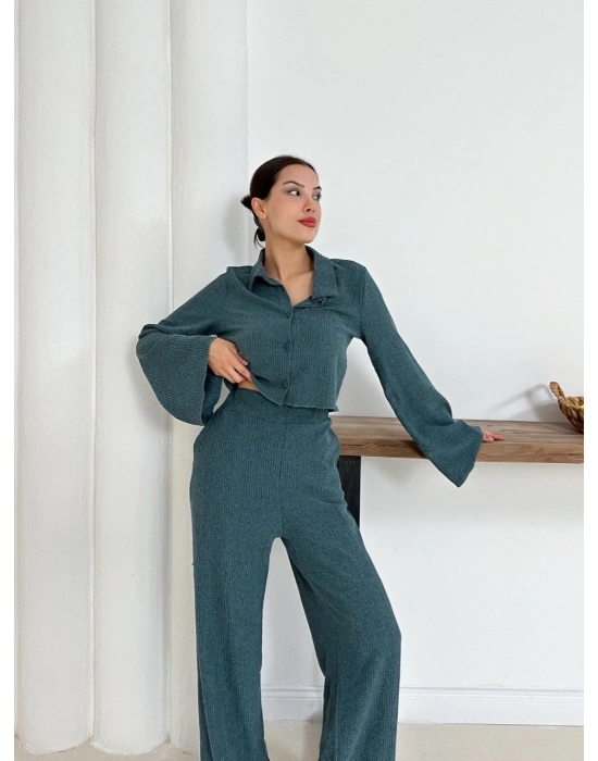 Gömlek yaka kaplama düğmeli takım petrol yeşili st265866