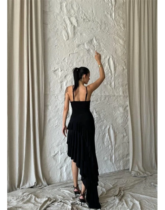 GÜLLÜ ELBİSE ASİMETRİK KATLI - Siyah