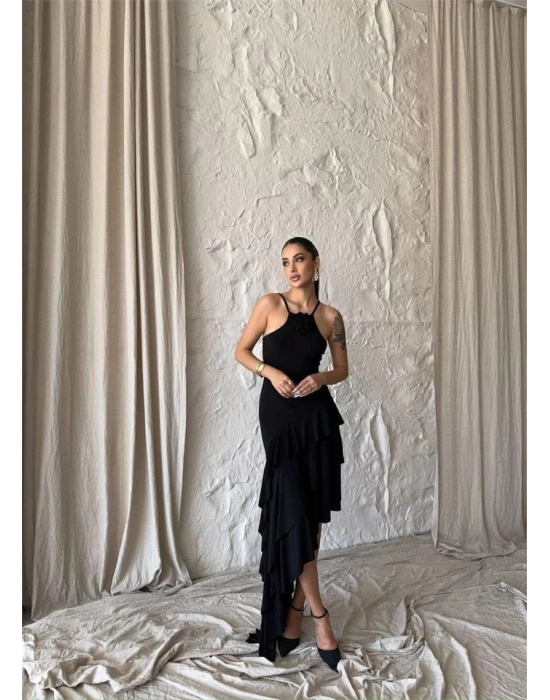 GÜLLÜ ELBİSE ASİMETRİK KATLI - Siyah