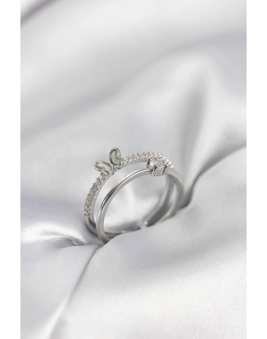 Gümüş Renk 2li Zirkon Taşlı Kelebek Model Kadın Yüzük