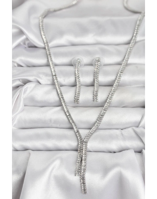 Gümüş Renk Baget Zirkon Taşlı Kadın Kolye Küpe Set