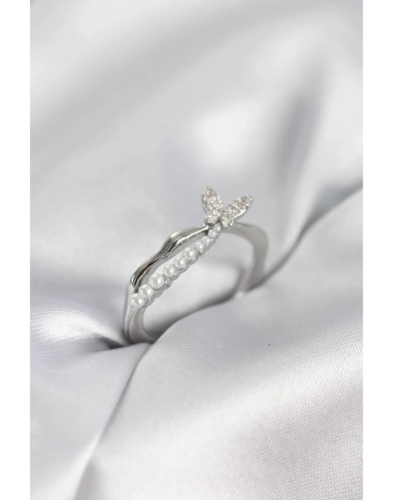 Gümüş Renk Kuyruklu Kelebek Model İncili Kadın Yüzük