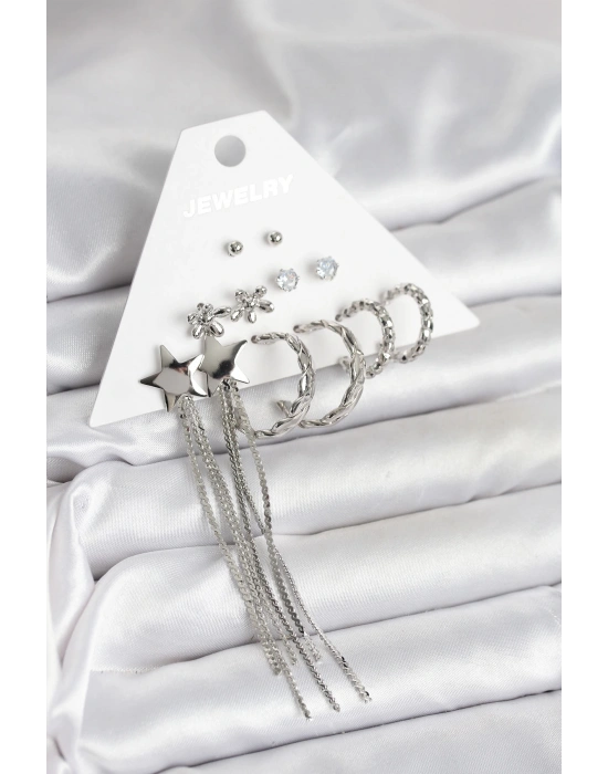 Gümüş Renk Pirinç 6 Çift Kadın Küpe Seti