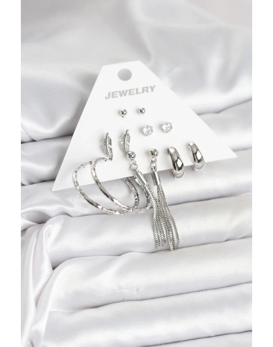 Gümüş Renk Pirinç 6 Çiftli Kadın Küpe Seti