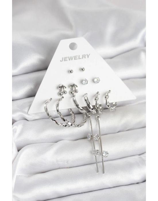 Gümüş Renk Pirinç 6lı Kadın Küpe Seti