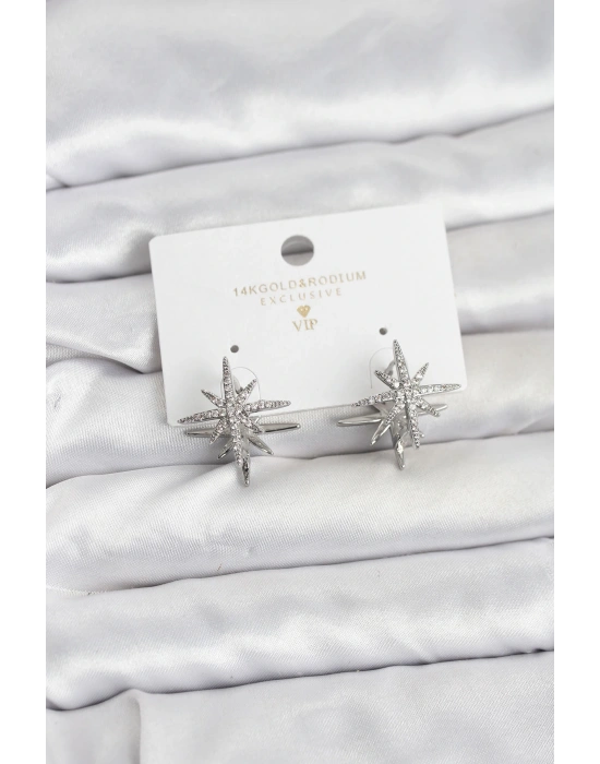 Gümüş Renk Pirinç Çift Taraflı Kutup Yıldızı Kadın Küpe