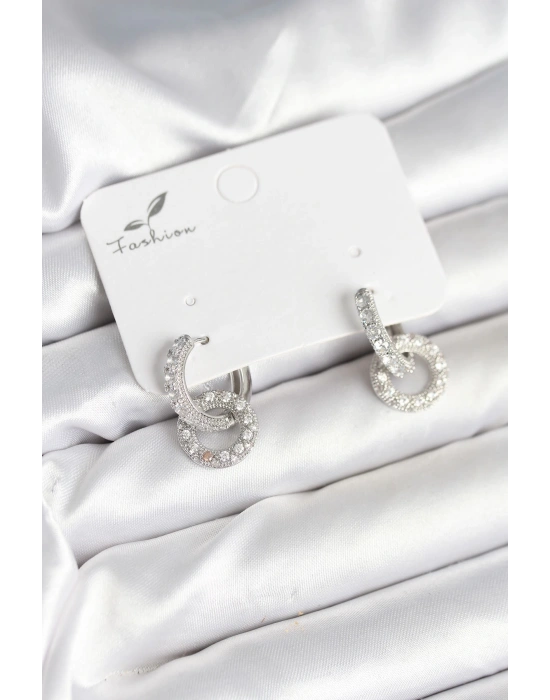 Gümüş Renk Pirinç Zirkon Taşlı Halka Model Kadın Küpe