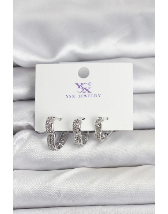 Gümüş Renk Pirinç Zirkon Taşlı Kalpli Kadın Küpe