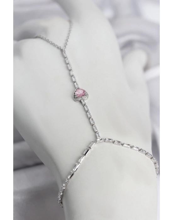 Gümüş Renk Pirinç Zirkon Taşlı Pembe Kalp Model Şahmeran