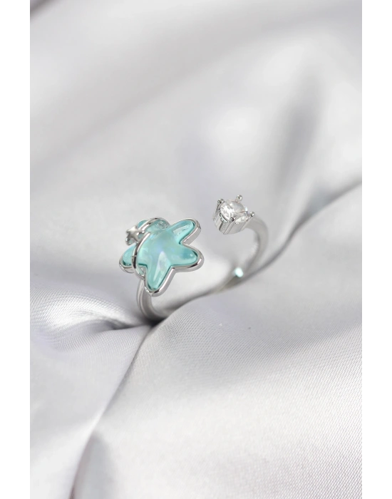 Gümüş Renk Turkuaz Yıldız Model Kadın Yüzük