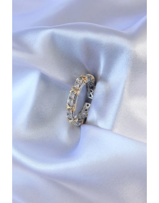 Gümüş Renk Zirkon Taşlı Gold Renk Detay Xoxo Kadın Yüzük