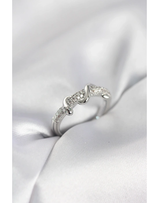 Gümüş Renk Zirkon Taşlı Sarmal Yılan Model Kadın Yüzük