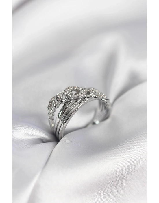 Gümüş Renk Zirkon Taşlı Zincir Model Kadın Yüzük