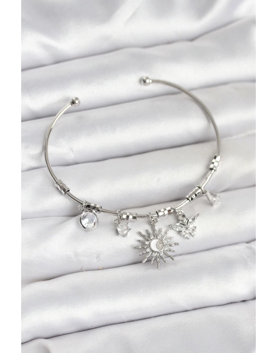 Güneş Charmlı Gümüş Renk Pirinç Kadın Bileklik