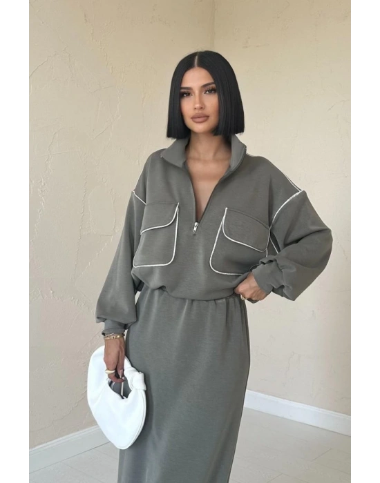 Haki Biyeli Sweatshirt Ve Etek Takım