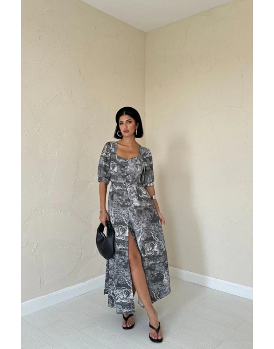 Haki Önü Düğmeli Kalp Yaka Elbise