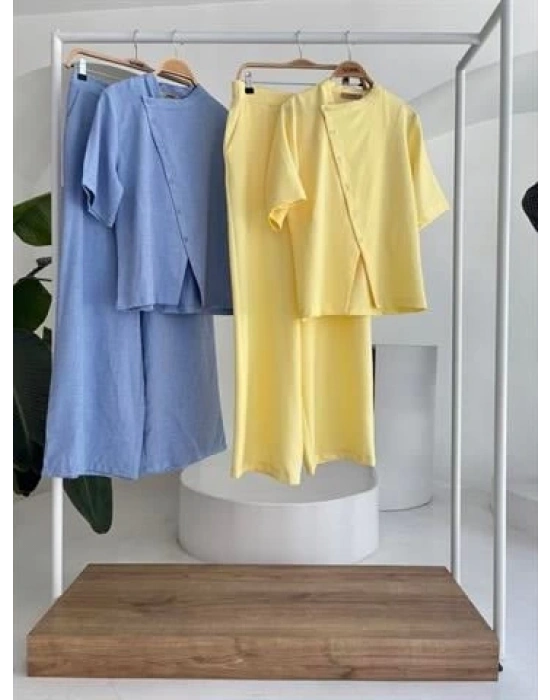 Hakim Yaka Çapraz Düğmeli Plazzo Pantolon Viscon Keten Takım 10209