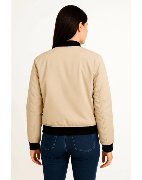 Içi Astarlı Fermuarlı Bomber Mont Ceket - Bej