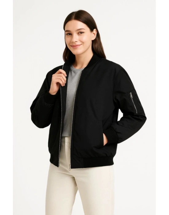 Içi Astarlı Fermuarlı Bomber Mont Ceket - Siyah