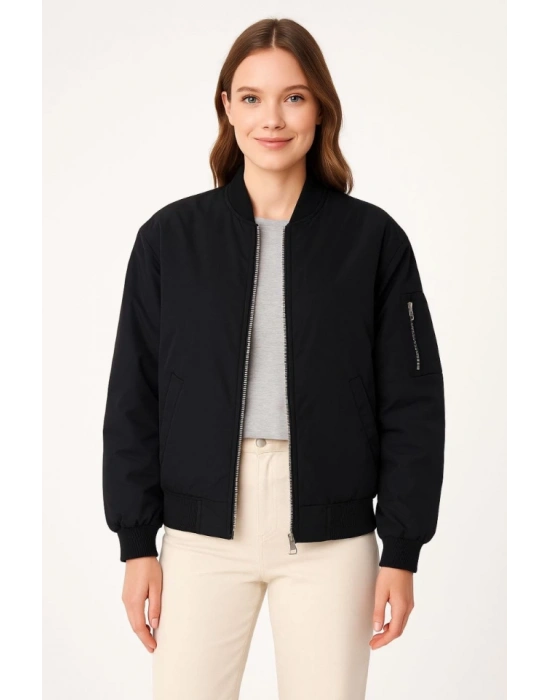 Içi Astarlı Fermuarlı Bomber Mont Ceket - Siyah