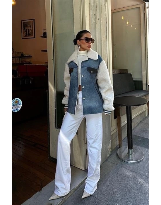 İçi Kürklü Deri Garnili Denim Görünümlü Ceket 6116