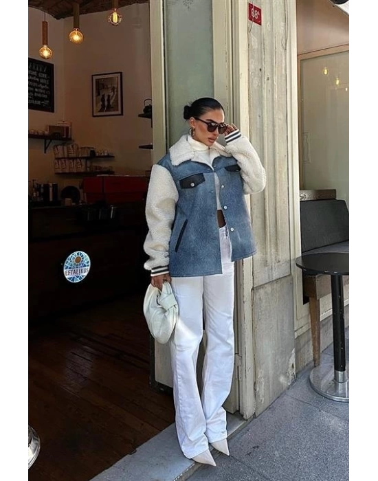 İçi Kürklü Deri Garnili Denim Görünümlü Ceket 6116
