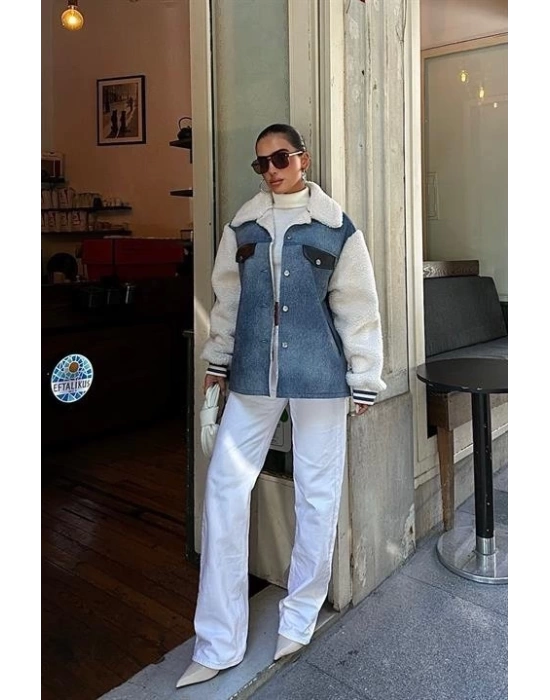 İçi Kürklü Deri Garnili Denim Görünümlü Ceket 6116